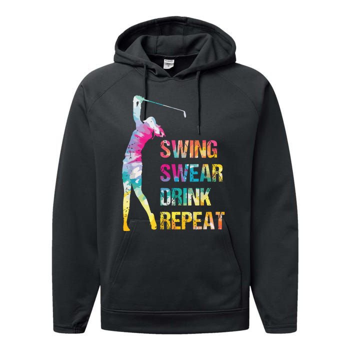 Vintage Golf Swing Swear Drink Repeat Love Golfing Golfer Performance Fleece Hoodie