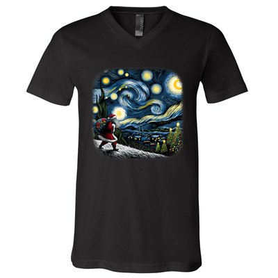 Van Gogh Starry Night Santa Christmas Winter Snowy Night V-Neck T-Shirt