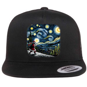 Van Gogh Starry Night Santa Christmas Winter Snowy Night Flat Bill Trucker Hat