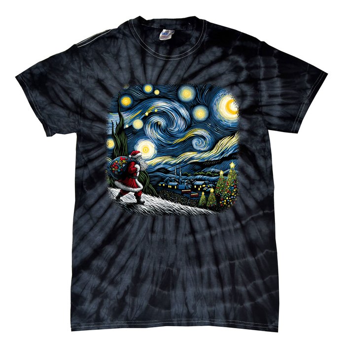 Van Gogh Starry Night Santa Christmas Winter Snowy Night Tie-Dye T-Shirt