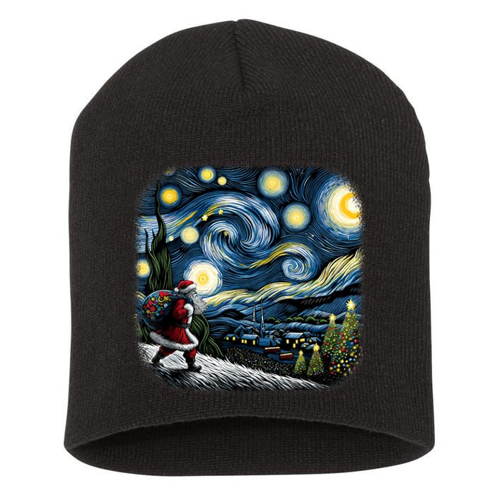 Van Gogh Starry Night Santa Christmas Winter Snowy Night Short Acrylic Beanie