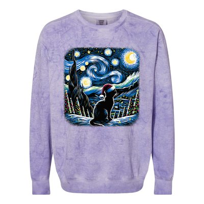 Van Gogh Starry Night Festive Christmas Black Cat Santa Hat Colorblast Crewneck Sweatshirt