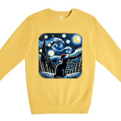 Van Gogh Starry Night Festive Christmas Black Cat Santa Hat Premium Crewneck Sweatshirt