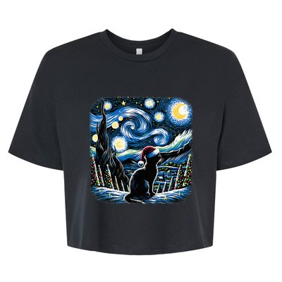 Van Gogh Starry Night Festive Christmas Black Cat Santa Hat Bella+Canvas Jersey Crop Tee