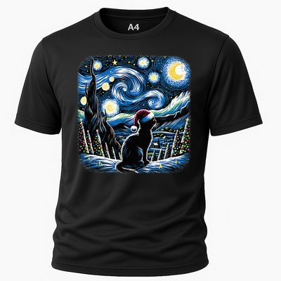 Van Gogh Starry Night Festive Christmas Black Cat Santa Hat Cooling Performance Crew T-Shirt