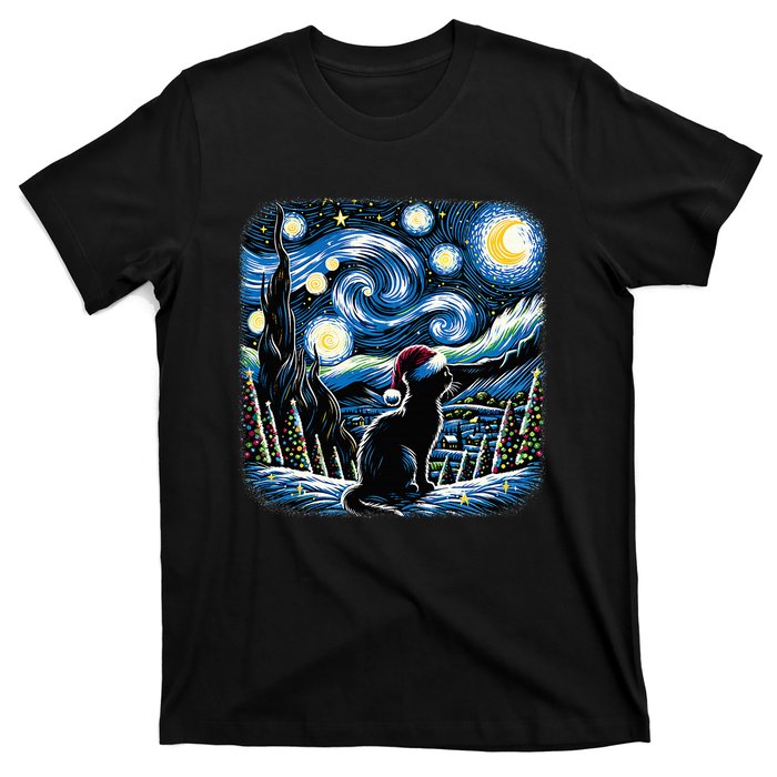 Van Gogh Starry Night Festive Christmas Black Cat Santa Hat T-Shirt