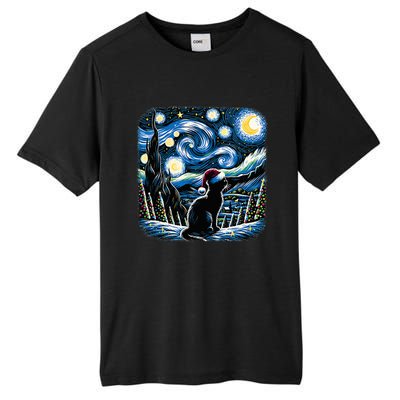 Van Gogh Starry Night Festive Christmas Black Cat Santa Hat Tall Fusion ChromaSoft Performance T-Shirt