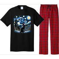 Van Gogh Starry Night Festive Christmas Black Cat Santa Hat Pajama Set