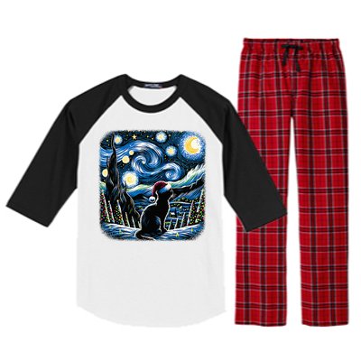 Van Gogh Starry Night Festive Christmas Black Cat Santa Hat Raglan Sleeve Pajama Set