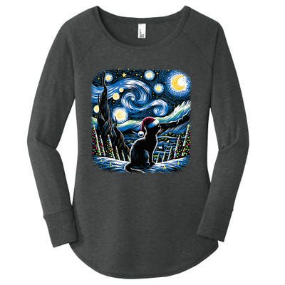 Van Gogh Starry Night Festive Christmas Black Cat Santa Hat Women's Perfect Tri Tunic Long Sleeve Shirt