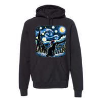 Van Gogh Starry Night Festive Christmas Black Cat Santa Hat Premium Hoodie