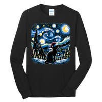 Van Gogh Starry Night Festive Christmas Black Cat Santa Hat Tall Long Sleeve T-Shirt