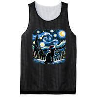 Van Gogh Starry Night Festive Christmas Black Cat Santa Hat Mesh Reversible Basketball Jersey Tank