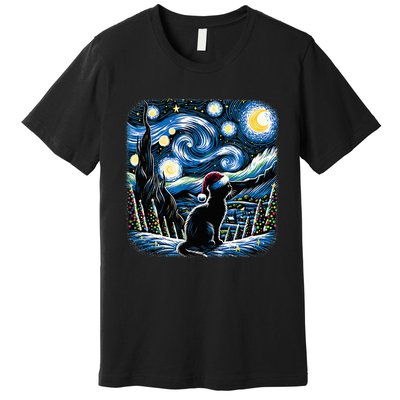 Van Gogh Starry Night Festive Christmas Black Cat Santa Hat Premium T-Shirt