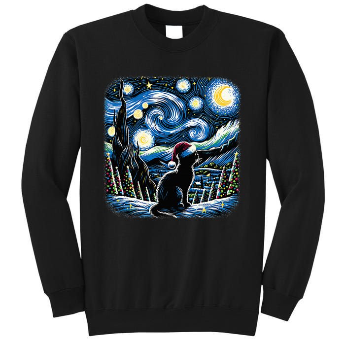 Van Gogh Starry Night Festive Christmas Black Cat Santa Hat Tall Sweatshirt