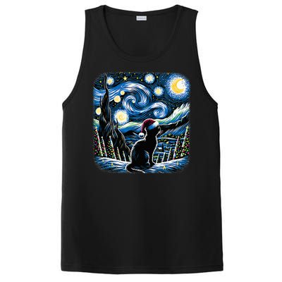 Van Gogh Starry Night Festive Christmas Black Cat Santa Hat PosiCharge Competitor Tank