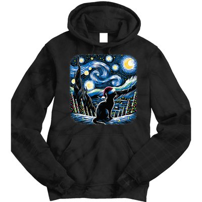 Van Gogh Starry Night Festive Christmas Black Cat Santa Hat Tie Dye Hoodie