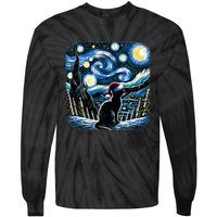 Van Gogh Starry Night Festive Christmas Black Cat Santa Hat Tie-Dye Long Sleeve Shirt