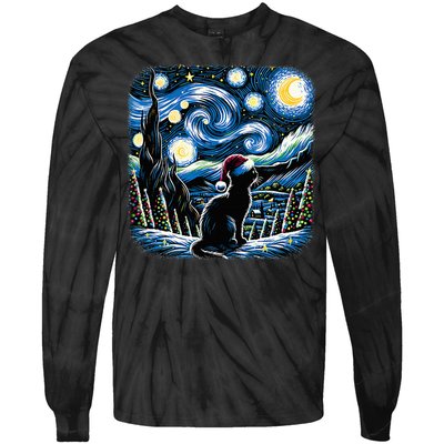 Van Gogh Starry Night Festive Christmas Black Cat Santa Hat Tie-Dye Long Sleeve Shirt