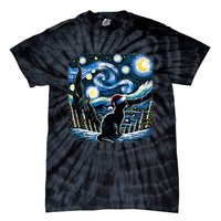 Van Gogh Starry Night Festive Christmas Black Cat Santa Hat Tie-Dye T-Shirt