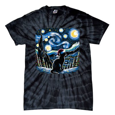 Van Gogh Starry Night Festive Christmas Black Cat Santa Hat Tie-Dye T-Shirt