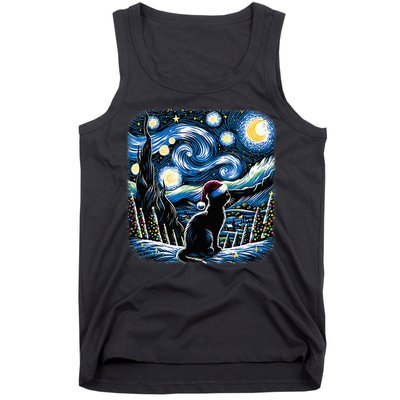 Van Gogh Starry Night Festive Christmas Black Cat Santa Hat Tank Top