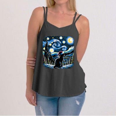 Van Gogh Starry Night Festive Christmas Black Cat Santa Hat Women's Strappy Tank