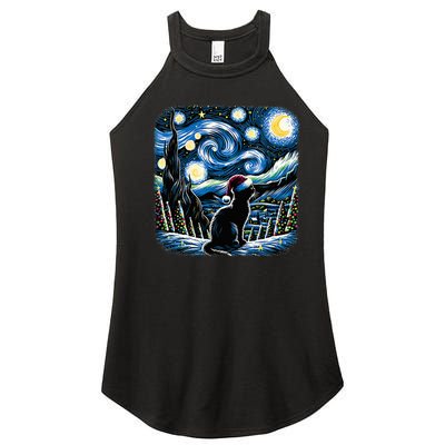 Van Gogh Starry Night Festive Christmas Black Cat Santa Hat Women’s Perfect Tri Rocker Tank