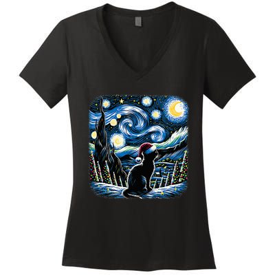 Van Gogh Starry Night Festive Christmas Black Cat Santa Hat Women's V-Neck T-Shirt