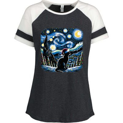 Van Gogh Starry Night Festive Christmas Black Cat Santa Hat Enza Ladies Jersey Colorblock Tee