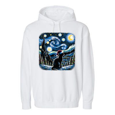 Van Gogh Starry Night Festive Christmas Black Cat Santa Hat Garment-Dyed Fleece Hoodie