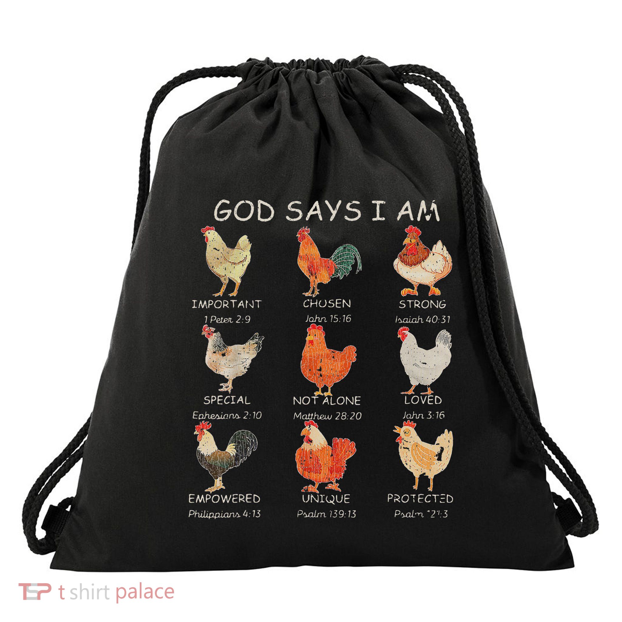 Vintage God Says I Am Bible Verse Christian Farm Chickens Re Drawstring Bag