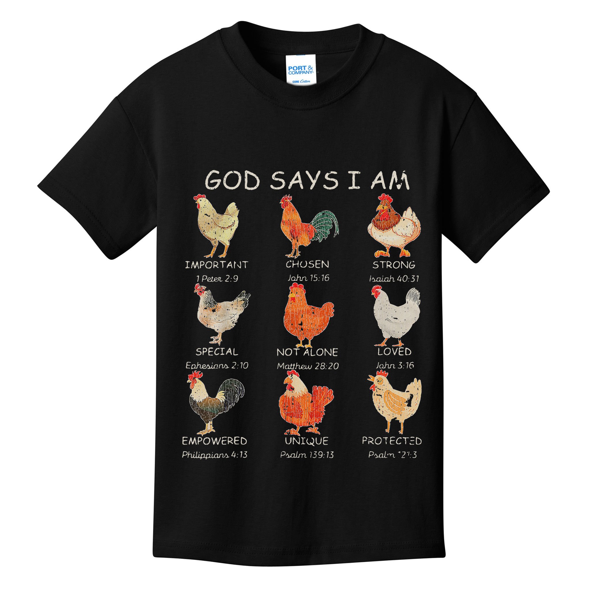 Vintage God Says I Am Bible Verse Christian Farm Chickens Re Kids T-Shirt