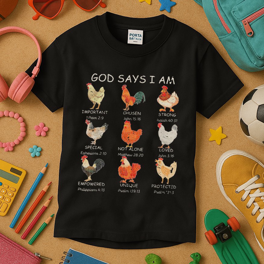 Vintage God Says I Am Bible Verse Christian Farm Chickens Re Kids T-Shirt