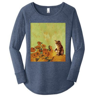 Van Gogh Sunflowers Funny Cat Art Painting Women's Perfect Tri Tunic Long Sleeve Shirt