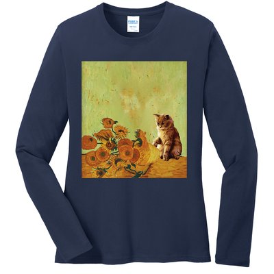 Van Gogh Sunflowers Funny Cat Art Painting Ladies Long Sleeve Shirt