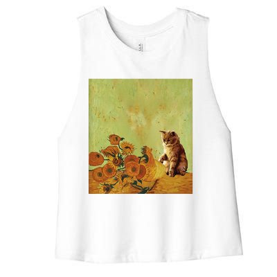 Van Gogh Sunflowers Funny Cat Art Painting Women's Racerback Cropped Tank