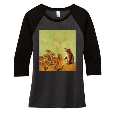 Van Gogh Sunflowers Funny Cat Art Painting Women's Tri-Blend 3/4-Sleeve Raglan Shirt