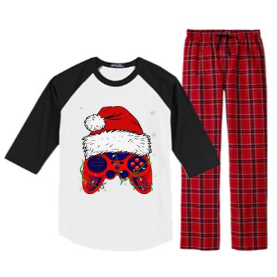 Video Game Santa Hat Funny Christmas Pjs Lights Raglan Sleeve Pajama Set