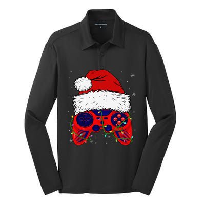 Video Game Santa Hat Funny Christmas Pjs Lights Silk Touch Performance Long Sleeve Polo