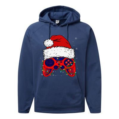 Video Game Santa Hat Funny Christmas Pjs Lights Performance Fleece Hoodie