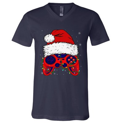 Video Game Santa Hat Funny Christmas Pjs Lights V-Neck T-Shirt