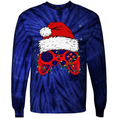 Video Game Santa Hat Funny Christmas Pjs Lights Tie-Dye Long Sleeve Shirt