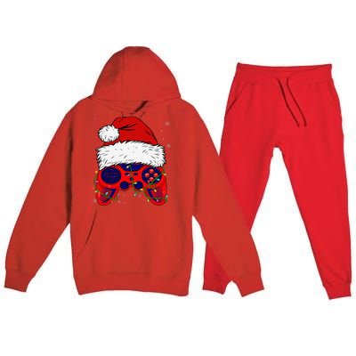 Video Game Santa Hat Funny Christmas Pjs Lights Premium Hooded Sweatsuit Set