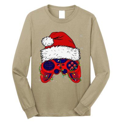 Video Game Santa Hat Funny Christmas Pjs Lights Long Sleeve Shirt