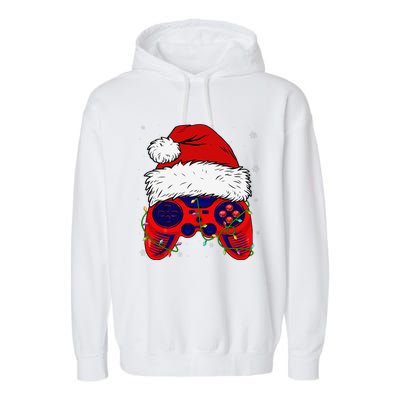 Video Game Santa Hat Funny Christmas Pjs Lights Garment-Dyed Fleece Hoodie