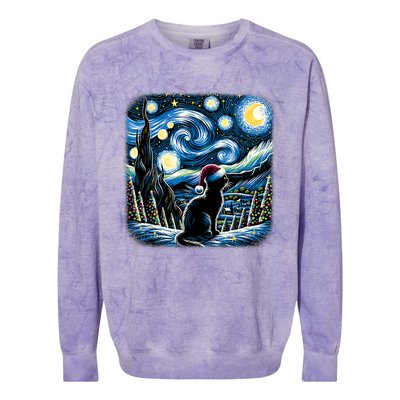 Van Gogh Starry Night Festive Christmas Black Cat Santa Hat Colorblast Crewneck Sweatshirt