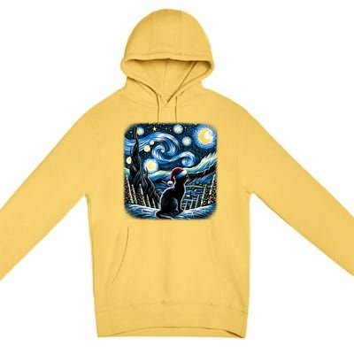 Van Gogh Starry Night Festive Christmas Black Cat Santa Hat Premium Pullover Hoodie