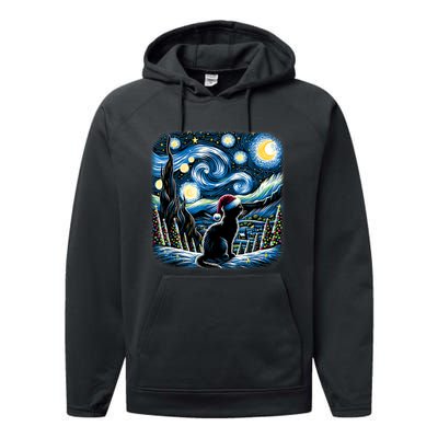 Van Gogh Starry Night Festive Christmas Black Cat Santa Hat Performance Fleece Hoodie