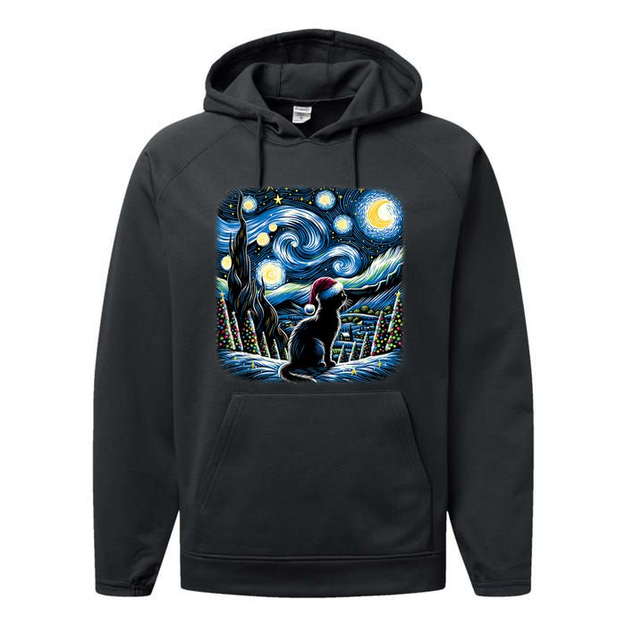 Van Gogh Starry Night Festive Christmas Black Cat Santa Hat Performance Fleece Hoodie